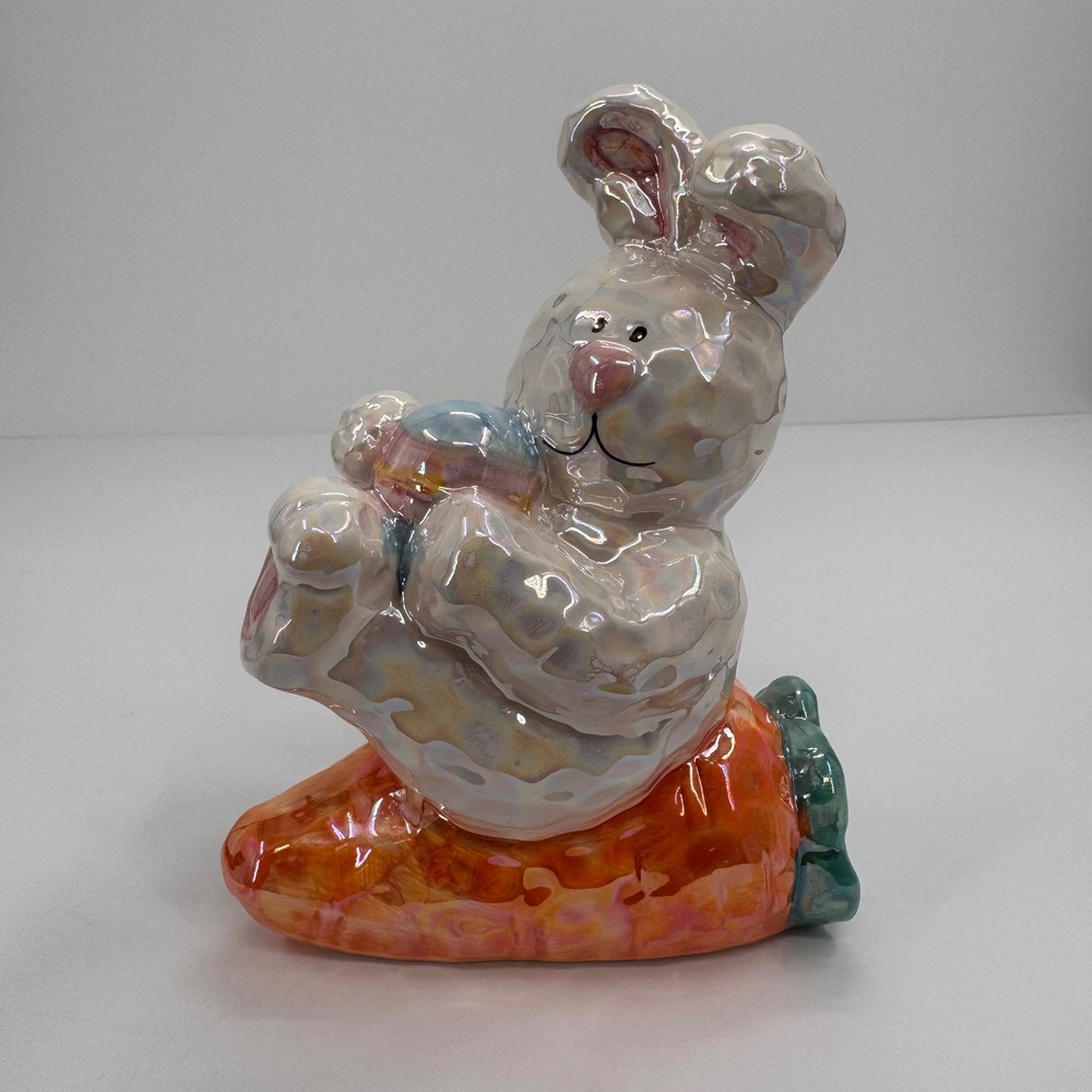 Iridescent‎ Ceramic Easter Bunny on Carrot Figurine Pearlescent Spring Decor